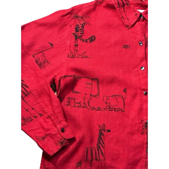Chico’s red rhino elephant zebra shirt shacket long sleeve size 2 100% linen - Picture 7 of 15